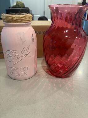 Ball Perfect Mason Jar HandPainted Distressed Pink with Twine and Glass Vase Set